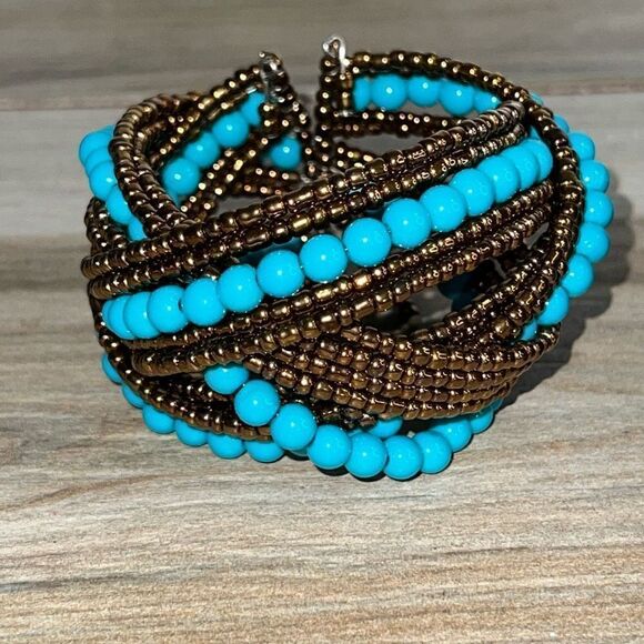 Beaded Wrap Bracelet Lot Women’s Brown And Turquoise Cuff Woven Bangle Bohemian - Picture 3 of 6